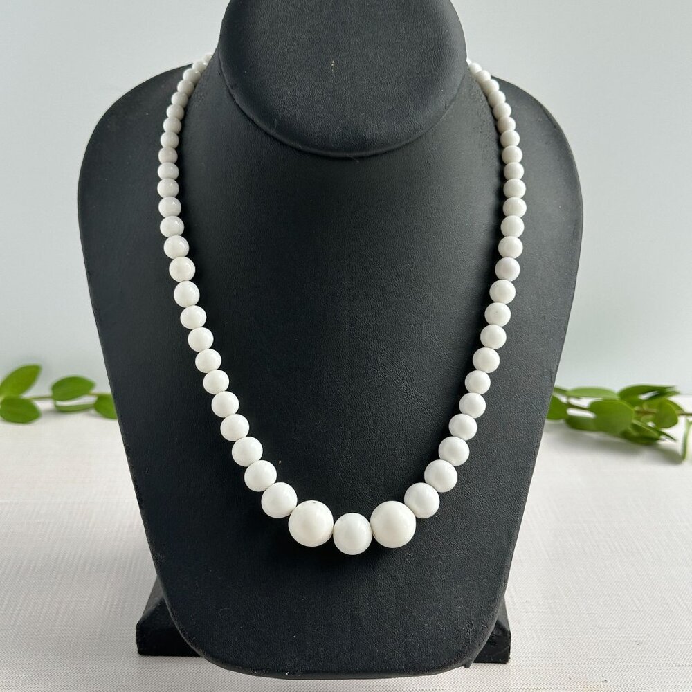 Mid Century White Bead Necklace, 14mm Graduated